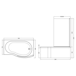 B-Shaped Shower Bath with Screen & Front Panel Right Handed 1500mm x 735mm/800mm - Technical Drawing
