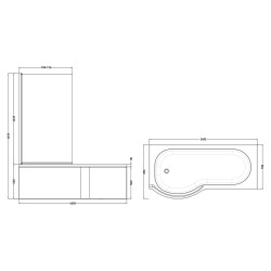 P-Shaped Shower Bath with Screen & Front Panel Left Handed 1700mm x 850mm - Technical Drawing