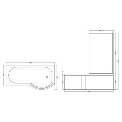 P-Shaped Shower Bath with Screen & Front Panel Right Handed 1700mm x 850mm - Technical Drawing