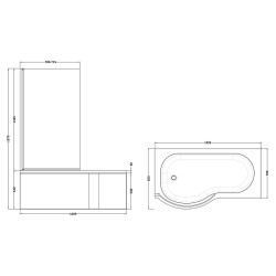 P-Shaped Shower Bath with Screen & Front Panel Left Handed 1500mm x 850mm - Technical Drawing