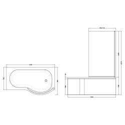 P-Shaped Shower Bath with Screen & Front Panel Right Handed 1500mm x 850mm - Technical Drawing