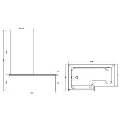 Square Shower Bath with Screen & Front Panel Left Handed Set 1500mm x 705/855mm - Technical Drawing