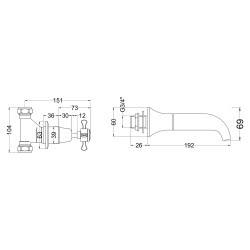 Selby Crosshead 3 Tap Hole Wall Mounted Bath Filler - Technical Drawing