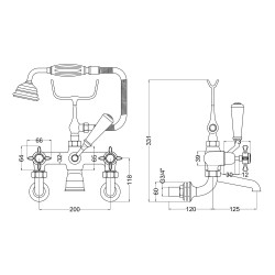 Selby Crosshead Wall Mounted Bath filler &  Shower Mixer Set - Technical Drawing