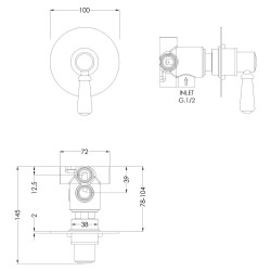Selby Traditional 2/3/4 Way Concealed Shower Diverter - Technical Drawing