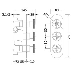 Revolution Matt Black Triple Valve with Diverter - Technical Drawing