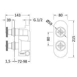 Revolution Chrome Twin Concealed Thermostatic Shower Valve with Diverter - Technical Drawing