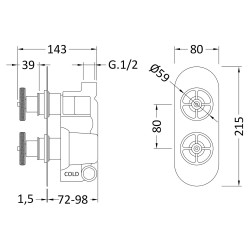 Revolution Matt Black Twin Valve with Diverter - Technical Drawing