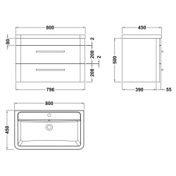 Solar 800mm Wall Hung Cabinet & Ceramic Basin - Pure White - Technical Drawing