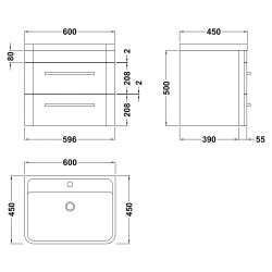 Solar 600mm Wall Hung 2 Drawer Vanity Unit and Basin with 1 Tap Hole - Cool Grey - Technical Drawing