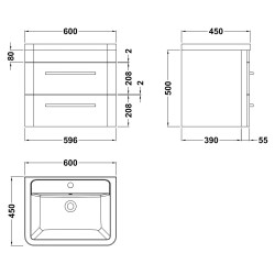 Solar 600mm Wall Hung Cabinet & Ceramic Basin - Cool Grey - Technical Drawing