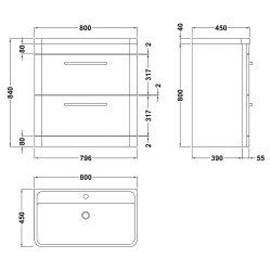 Solar 800mm 2 Drawer Vanity Unit and Basin with 1 Tap Hole - Cool Grey - Technical Drawing