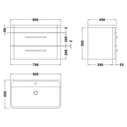 Solar 800mm Wall Hung 2 Drawer Vanity Unit and Basin with 1 Tap Hole - Cool Grey - Technical Drawing