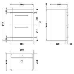 Solar 600mm 2 Drawer Vanity Unit and Basin with 1 Tap Hole - Indigo Blue - Technical Drawing