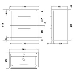 Solar 800mm Freestanding Cabinet & Ceramic Basin - Indigo Blue - Technical Drawing