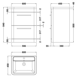 Solar 600mm Freestanding 2 Drawer Unit & Ceramic Basin - Fern Green - Technical Drawing