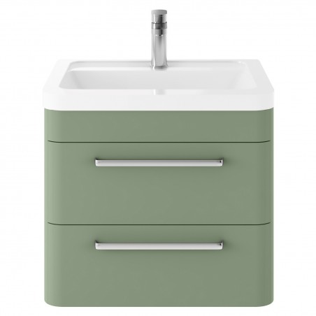 Solar 600mm Wall Hung 2 Drawer Unit & Ceramic Basin - Fern Green