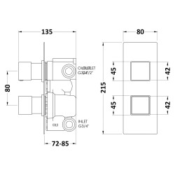 Chrome Square Twin Concealed Thermostatic Shower Valve with Diverter - Technical Drawing