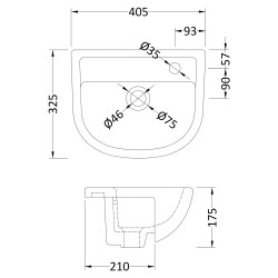 Curved Compact Semi-Recessed 400mm Basin with 1 Tap Hole - Technical Drawing