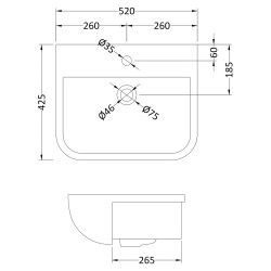 Rectangular Semi-Recessed 520mm Basin with 1 Tap Hole - Technical Drawing