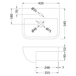 Compact Rectangular Semi-Recessed 420mm Basin with 1 Tap Hole - Technical Drawing