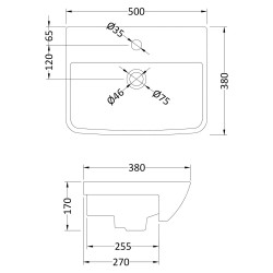 Square Semi-Recessed 500mm Basin with 1 Tap Hole - Technical Drawing