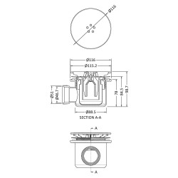 Cover with Black Fast Flow Shower Waste - Brushed Pewter - Technical Drawing