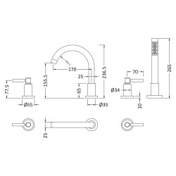Tec Lever 4 Tap Hole Bath Shower Mixer - Technical Drawing