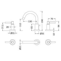 Tec Lever 3 Tap Hole Basin Mixer with Pop up Waste - Technical Drawing
