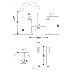 Tec Lever Bath and Shower Mixer with Swivel Spout and Kit - Technical Drawing