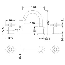 Tec Crosshead 3 Tap Hole Basin Mixer - Technical Drawing