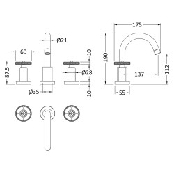 Revolution Chrome 3 Tap Hole Basin Mixer Tap - Technical Drawing