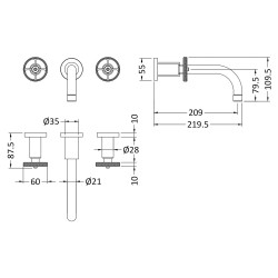 Revolution Matt Black Wall Mounted Basin Mixer - Technical Drawing