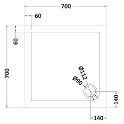 Slate Grey Square Shower Tray 700mm x 700mm - Technical Drawing