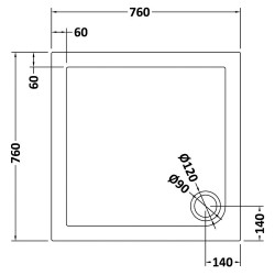 Slate Grey Square Shower Tray 760mm x 760mm - Technical Drawing