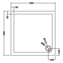 Slate Grey Square Shower Tray 900mm x 900mm - Technical Drawing