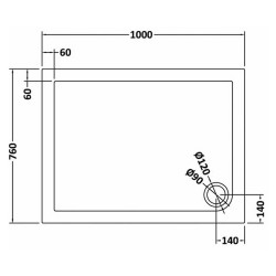 Slate Grey Rectangular Shower Tray 1000mm x 760mm - Technical Drawing