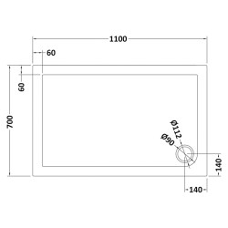 Slate Grey Rectangular Shower Tray 1100mm x 700mm - Technical Drawing