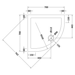 Slate Grey Quadrant Shower Tray 700mm x 700mm - Technical Drawing