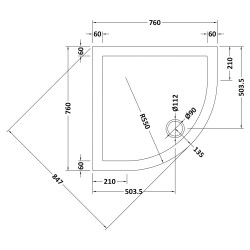Slate Grey Quadrant Shower Tray 760mm x 760mm - Technical Drawing