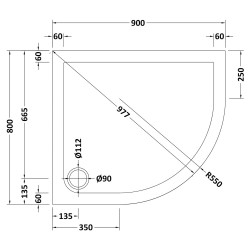 Slate Grey Offset Quadrant Shower Tray Right Handed 900mm x 800mm - Technical Drawing