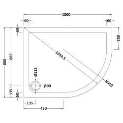 Slate Grey Offset Quadrant Shower Tray Right Handed 1000mm x 800mm - Technical Drawing