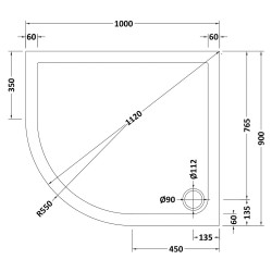 Slate Grey Offset Quadrant Shower Tray Left Handed 1000mm x 900mm - Technical Drawing