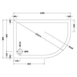 Slate Grey Offset Quadrant Shower Tray Right Handed 1200mm x 800mm - Technical Drawing