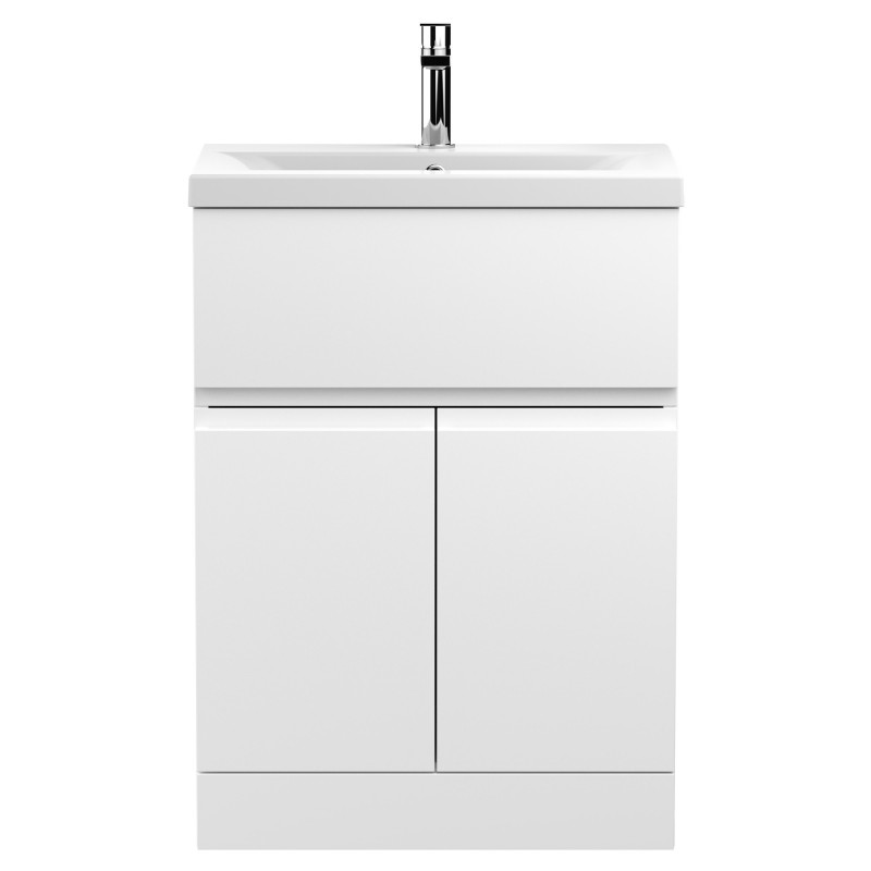 Urban 600mm Freestanding 2 Door & Drawer Vanity Unit & Mid-Edge Ceramic Basin - Satin White Urban 600mm Freestanding 2 Door & Drawer Vanity Unit & Mid-Edge Ceramic Basin - Satin White
