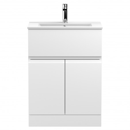 Urban 600mm Freestanding 2 Door & Drawer Vanity Unit & Minimalist Ceramic Basin - Satin White