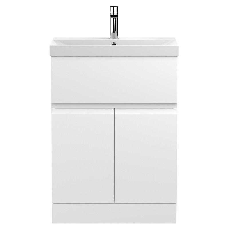 Urban 600mm Freestanding 2 Door & Drawer Vanity Unit & Thin-Edge Ceramic Basin - Satin White Urban 600mm Freestanding 2 Door & Drawer Vanity Unit & Thin-Edge Ceramic Basin - Satin White