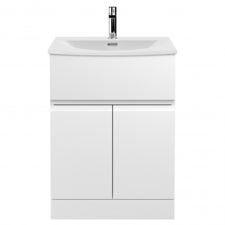 Urban 600mm Freestanding 2 Door & Drawer Vanity Unit & Curved Ceramic Basin - Satin White