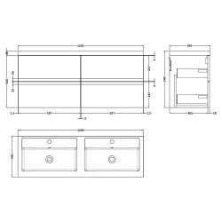 Urban 1200mm Wall Hung 4 Drawer Vanity & Double Polymarble Basin - Satin White - Technical Drawing