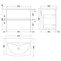 Urban 600mm Wall Hung 2 Drawer Vanity Unit & Curved Ceramic Basin - Satin White - Technical Drawing